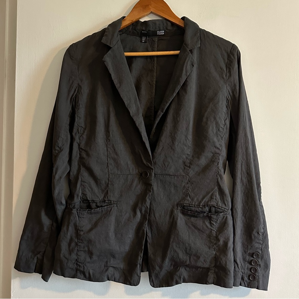 Eileen Fisher Dark Gray Linen Blend Designer Two Pocket Front Blazer Size 10P
